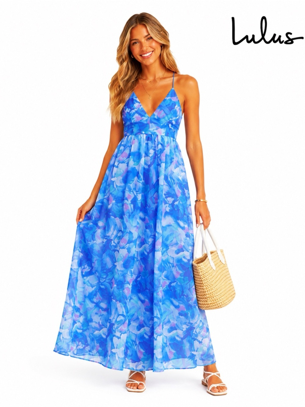 LULUS Blue Watercolor Chiffon Maxi Dress